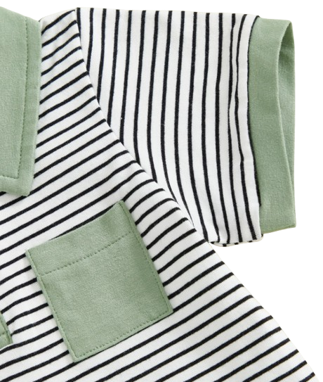 The Rodrigo - Baby Boy Green Striped Short Sleeve Collared Shirt and Solid Shorts