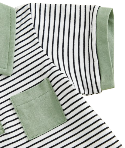 The Rodrigo - Baby Boy Green Striped Short Sleeve Collared Shirt and Solid Shorts