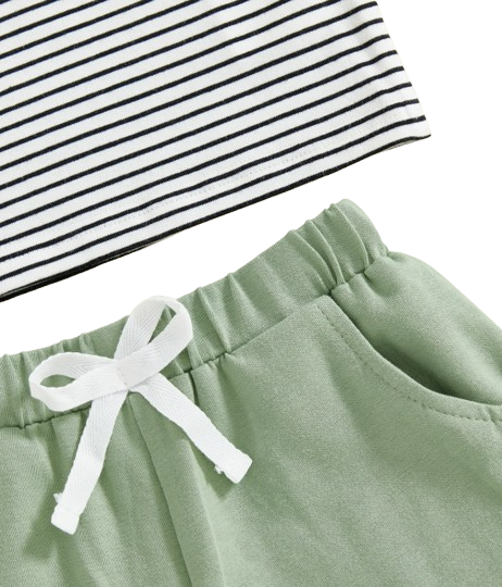 The Rodrigo - Baby Boy Green Striped Short Sleeve Collared Shirt and Solid Shorts