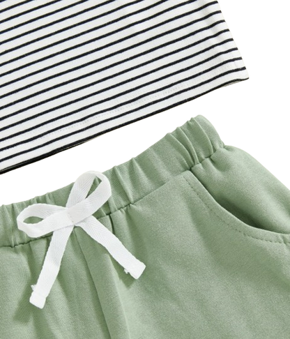The Rodrigo - Baby Boy Green Striped Short Sleeve Collared Shirt and Solid Shorts