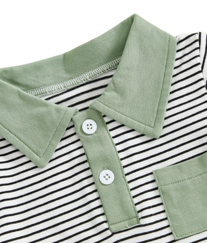 The Rodrigo - Baby Boy Green Striped Short Sleeve Collared Shirt and Solid Shorts