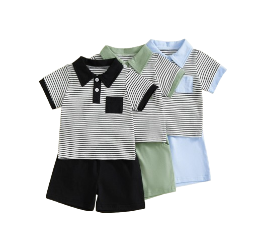 The Rodrigo - Baby Boy Blue Striped Short Sleeve Collared Shirt and Solid Shorts