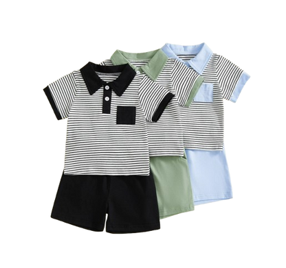 The Rodrigo - Baby Boy Blue Striped Short Sleeve Collared Shirt and Solid Shorts