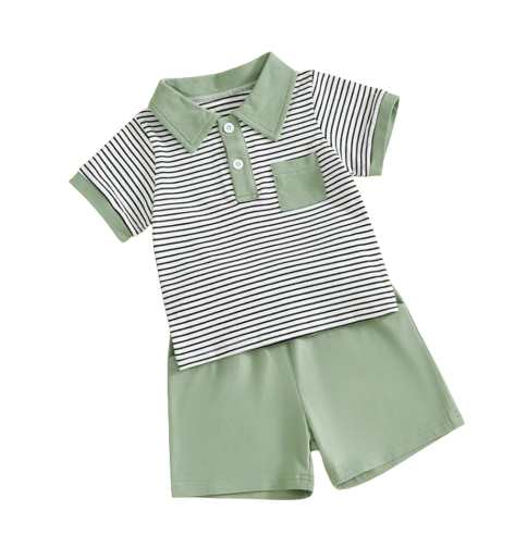 The Rodrigo - Baby Boy Green Striped Short Sleeve Collared Shirt and Solid Shorts