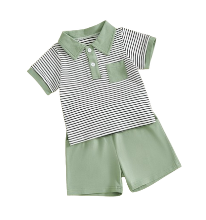 The Rodrigo - Baby Boy Green Striped Short Sleeve Collared Shirt and Solid Shorts