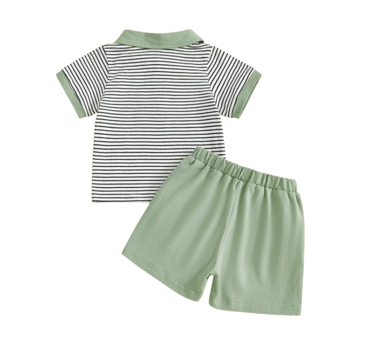 The Rodrigo - Baby Boy Green Striped Short Sleeve Collared Shirt and Solid Shorts