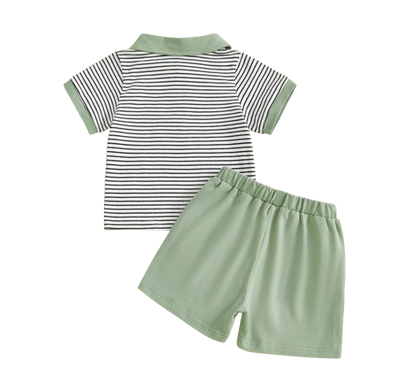 The Rodrigo - Baby Boy Green Striped Short Sleeve Collared Shirt and Solid Shorts