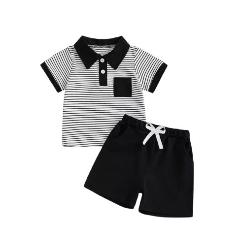 The Rodrigo - Baby Boy Black Striped Short Sleeve Collared Shirt and Solid Shorts