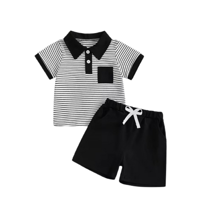The Rodrigo - Baby Boy Black Striped Short Sleeve Collared Shirt and Solid Shorts