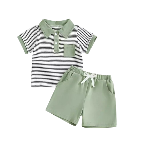 The Rodrigo - Baby Boy Green Striped Short Sleeve Collared Shirt and Solid Shorts