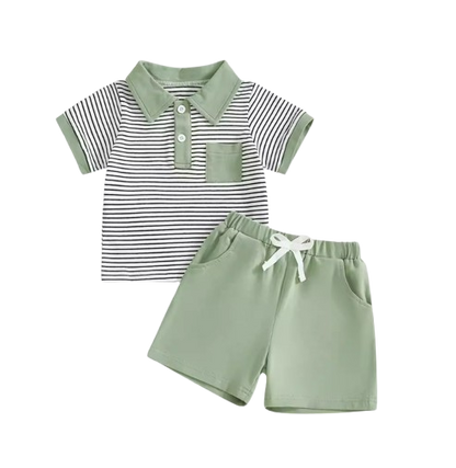The Rodrigo - Baby Boy Green Striped Short Sleeve Collared Shirt and Solid Shorts
