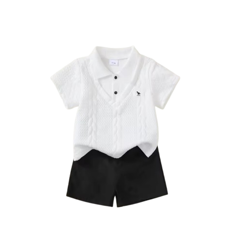 The Alexis - Baby Boy Gentleman 2-Piece Set Knitted Silk Cotton Texture Polo Shirt & Elastic Waist Shorts