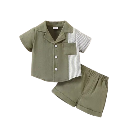 The Lucian - Baby Boy Patchwork Striped Short-Sleeved Shirt and Shorts Set