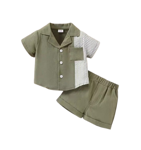 The Lucian - Baby Boy Patchwork Striped Short-Sleeved Shirt and Shorts Set