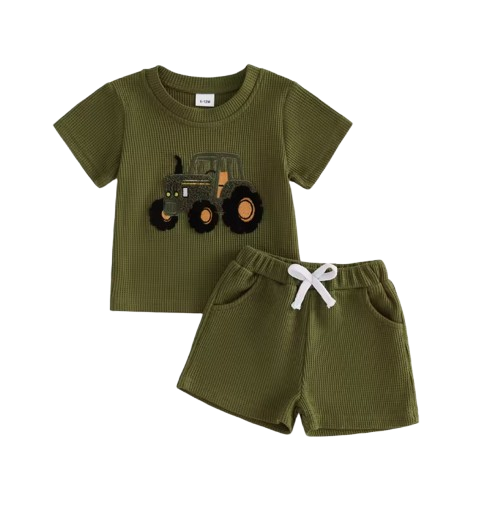 The Denver - Baby Boy Adorable Tractor Embroidery Green Short Sleeve Round Neck Tops and Shorts Set