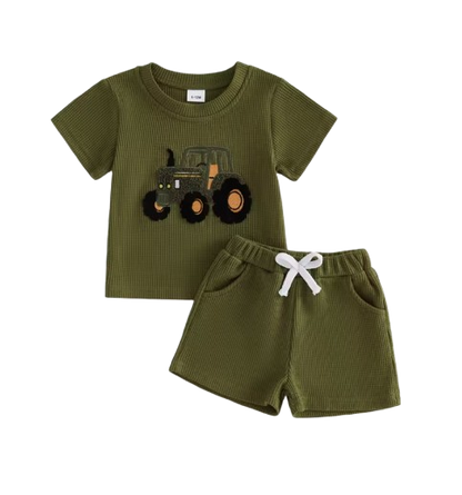 The Denver - Baby Boy Adorable Tractor Embroidery Green Short Sleeve Round Neck Tops and Shorts Set
