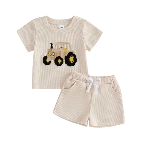 The Denver - Baby Boy Adorable Tractor Embroidery Beige Short Sleeve Round Neck Tops and Shorts Set