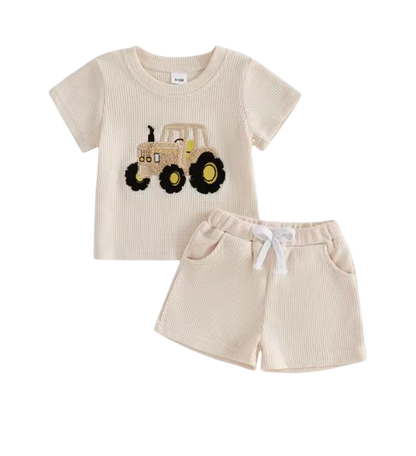 The Denver - Baby Boy Adorable Tractor Embroidery Beige Short Sleeve Round Neck Tops and Shorts Set