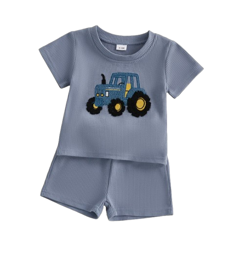 The Denver - Baby Boy Adorable Tractor Embroidery Blue Short Sleeve Round Neck Tops and Shorts Set