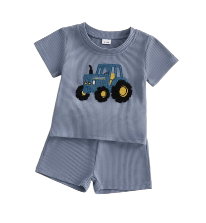The Denver - Baby Boy Adorable Tractor Embroidery Blue Short Sleeve Round Neck Tops and Shorts Set