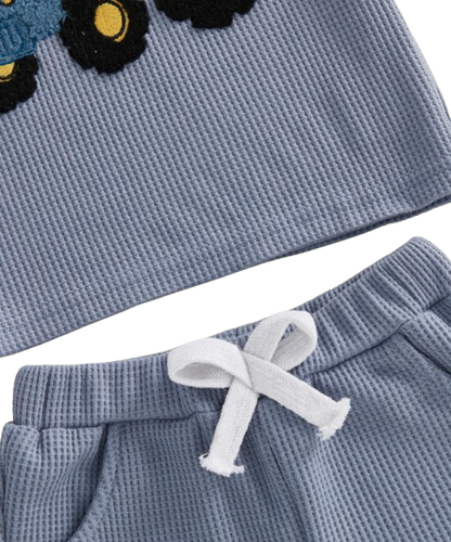 The Denver - Baby Boy Adorable Tractor Embroidery Blue Short Sleeve Round Neck Tops and Shorts Set