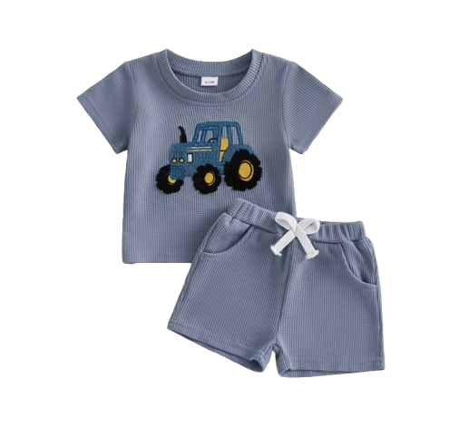 The Denver - Baby Boy Adorable Tractor Embroidery Blue Short Sleeve Round Neck Tops and Shorts Set
