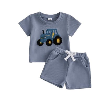 The Denver - Baby Boy Adorable Tractor Embroidery Blue Short Sleeve Round Neck Tops and Shorts Set