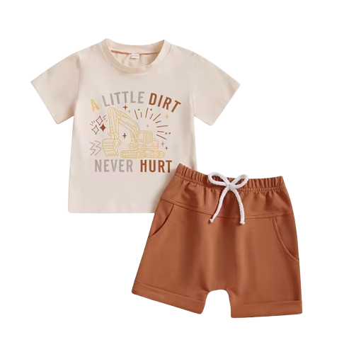 The Andy - Baby Boy Beige "A Little Dirt Never Hurt" Letter T-Shirt Casual + Shorts Set