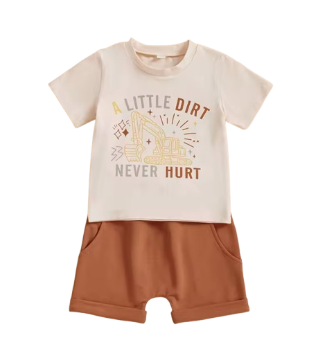 The Andy - Baby Boy Beige "A Little Dirt Never Hurt" Letter T-Shirt Casual + Shorts Set