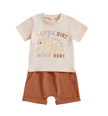 The Andy - Baby Boy Beige "A Little Dirt Never Hurt" Letter T-Shirt Casual + Shorts Set
