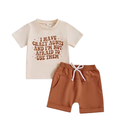 The Andy - Baby Boy White "I Have Crazy Aunts" Letter T-Shirt Casual + Shorts Set
