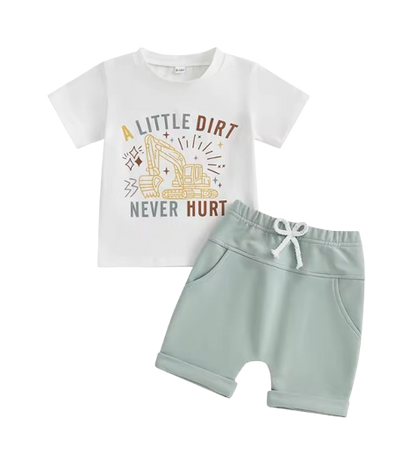 The Andy - Baby Boy White "A Little Dirt Never Hurt" Letter T-Shirt Casual + Shorts Set
