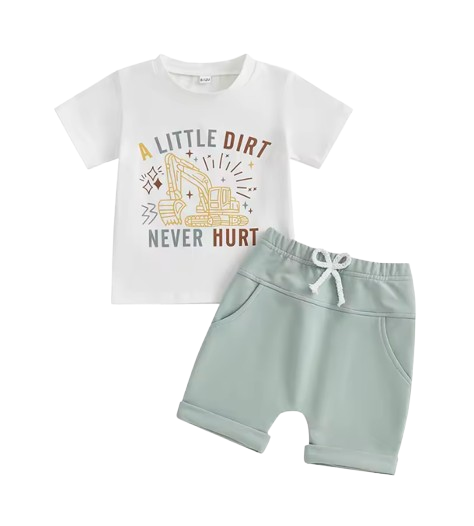 The Andy - Baby Boy White "A Little Dirt Never Hurt" Letter T-Shirt Casual + Shorts Set