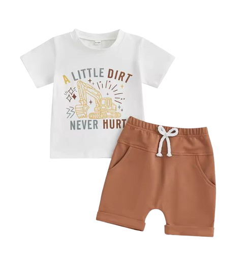 The Andy - Baby Boy White "A Little Dirt Never Hurt" Letter T-Shirt Casual + Shorts Set