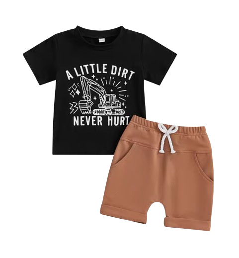 The Andy - Baby Boy White "A Little Dirt Never Hurt" Letter T-Shirt Casual + Shorts Set