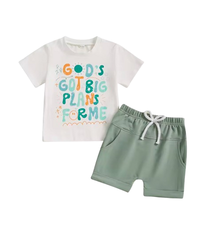 The Andy - Baby Boy White "God's Got A Big Plans For Me" Letter T-Shirt Casual + Shorts Set