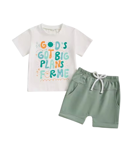 The Andy - Baby Boy White "God's Got A Big Plans For Me" Letter T-Shirt Casual + Shorts Set