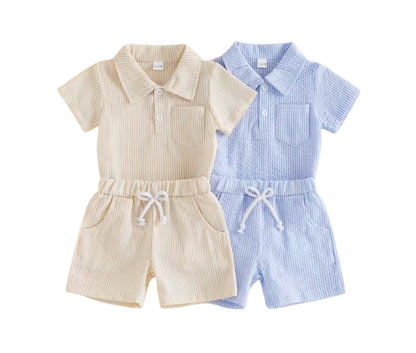 The Hezekiah - Baby Boy Short Sleeve Lapel Neck Striped Print Romper and Elastic Waist Shorts
