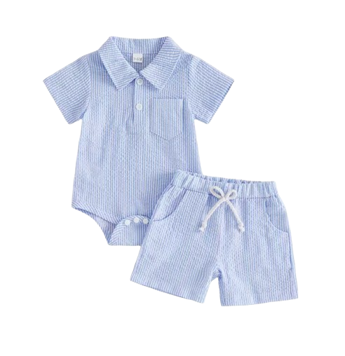 The Hezekiah - Baby Boy Short Sleeve Lapel Neck Striped Print Romper and Elastic Waist Shorts