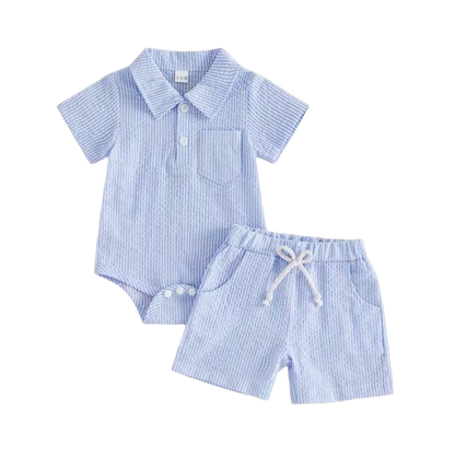 The Hezekiah - Baby Boy Short Sleeve Lapel Neck Striped Print Romper and Elastic Waist Shorts
