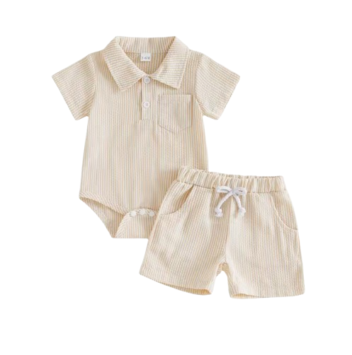 The Hezekiah - Baby Boy Short Sleeve Lapel Neck Striped Print Romper and Elastic Waist Shorts