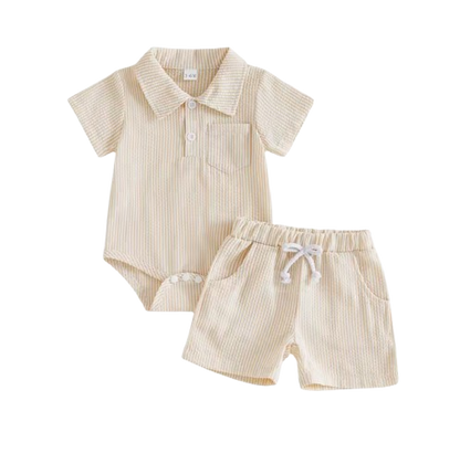 The Hezekiah - Baby Boy Short Sleeve Lapel Neck Striped Print Romper and Elastic Waist Shorts