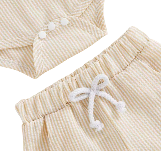 The Hezekiah - Baby Boy Short Sleeve Lapel Neck Striped Print Romper and Elastic Waist Shorts