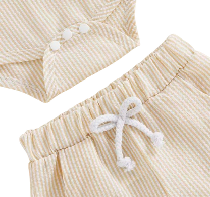 The Hezekiah - Baby Boy Short Sleeve Lapel Neck Striped Print Romper and Elastic Waist Shorts