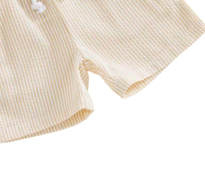 The Hezekiah - Baby Boy Short Sleeve Lapel Neck Striped Print Romper and Elastic Waist Shorts