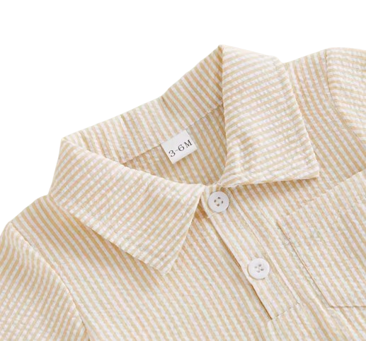 The Hezekiah - Baby Boy Short Sleeve Lapel Neck Striped Print Romper and Elastic Waist Shorts