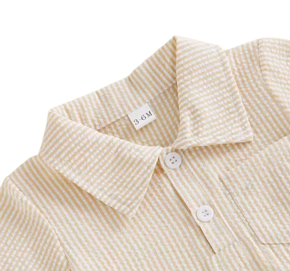 The Hezekiah - Baby Boy Short Sleeve Lapel Neck Striped Print Romper and Elastic Waist Shorts