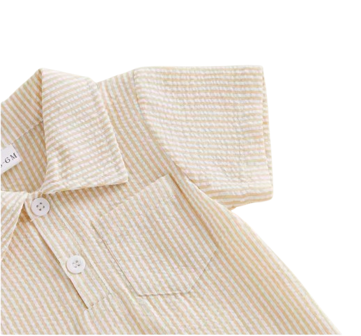 The Hezekiah - Baby Boy Short Sleeve Lapel Neck Striped Print Romper and Elastic Waist Shorts