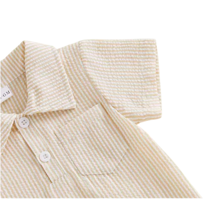 The Hezekiah - Baby Boy Short Sleeve Lapel Neck Striped Print Romper and Elastic Waist Shorts