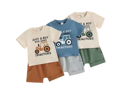 The Moshe - Baby Boy Tractor "Just A Boy Who Loves Tractors" Letter Print Round Neck Short Sleeve Tops with Solid Shorts